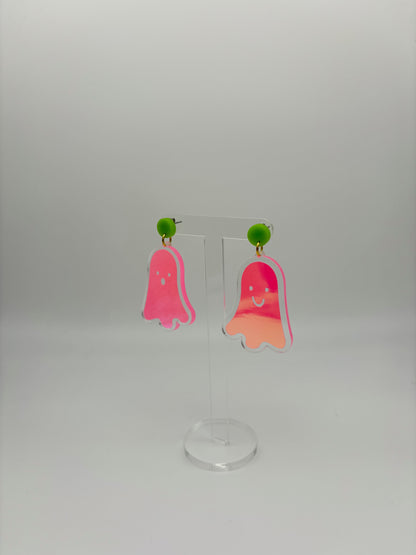 Holographic Ghost Earrings - Fluorescent Peachy Opal & Green Studs