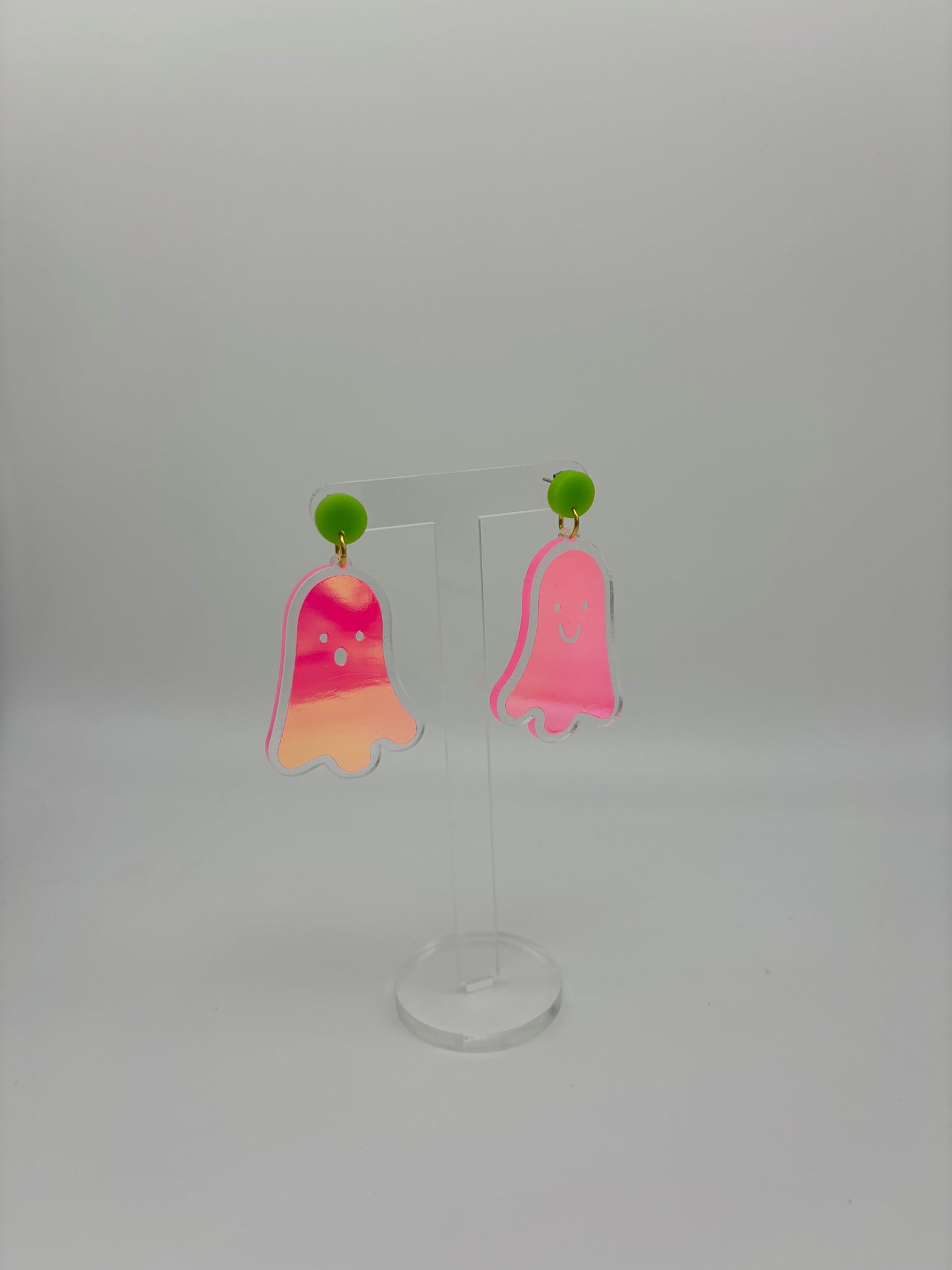 Holographic Ghost Earrings - Fluorescent Peachy Opal & Green Studs