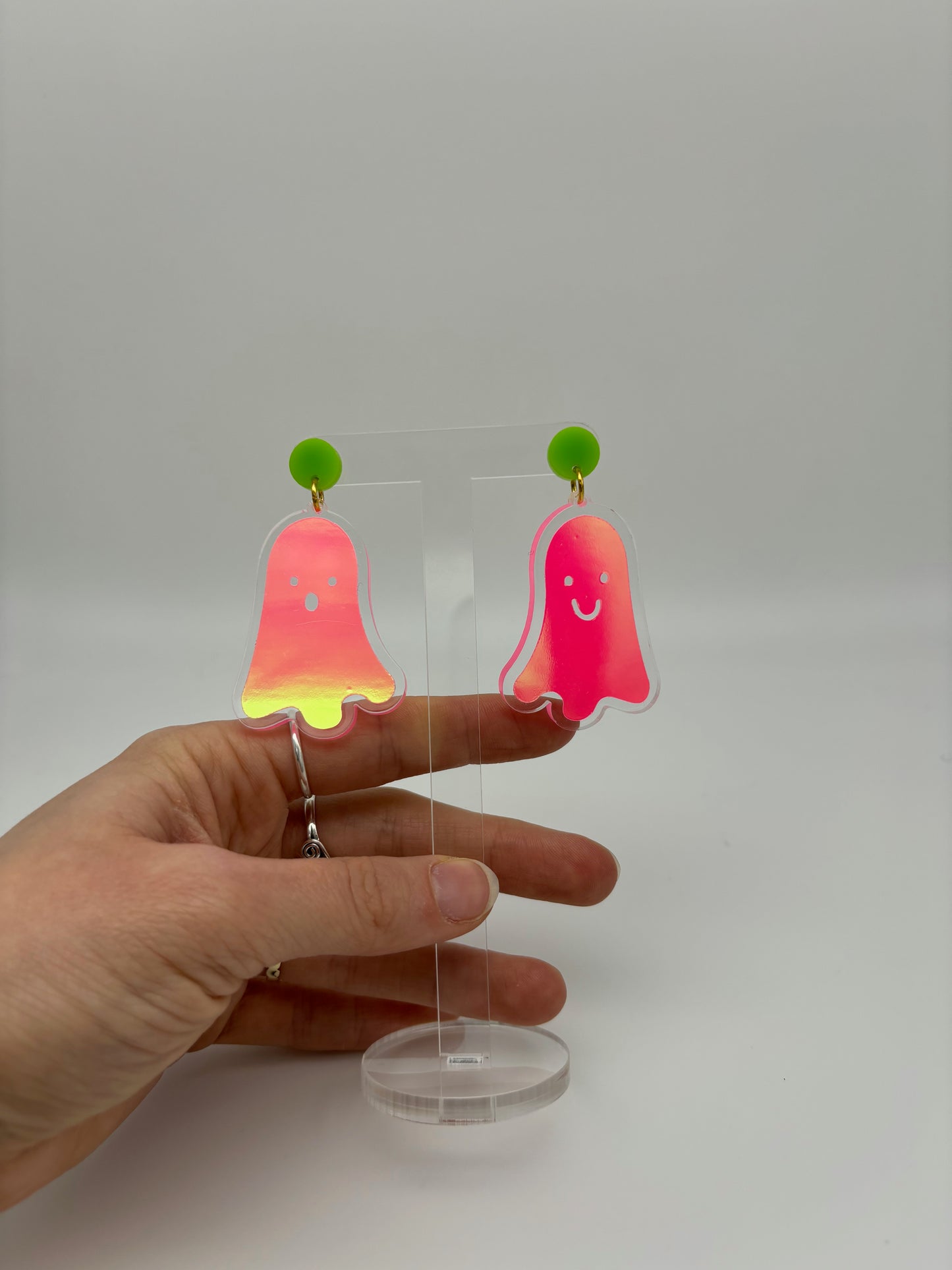 Holographic Ghost Earrings - Fluorescent Peachy Opal & Green Studs