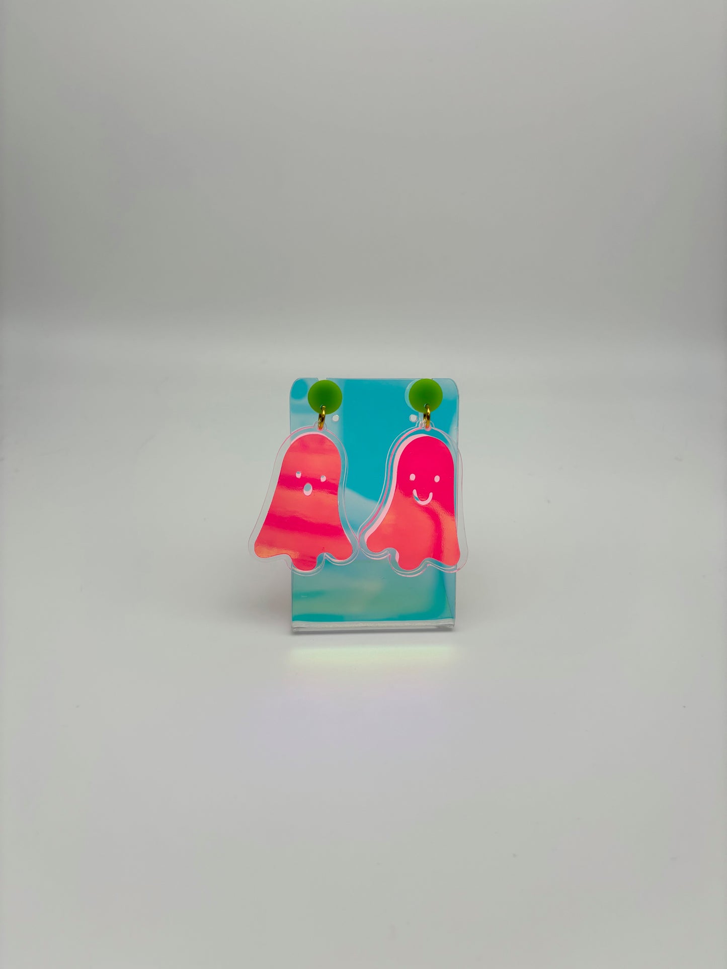 Holographic Ghost Earrings - Fluorescent Peachy Opal & Green Studs