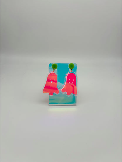 Holographic Ghost Earrings - Fluorescent Peachy Opal & Green Studs