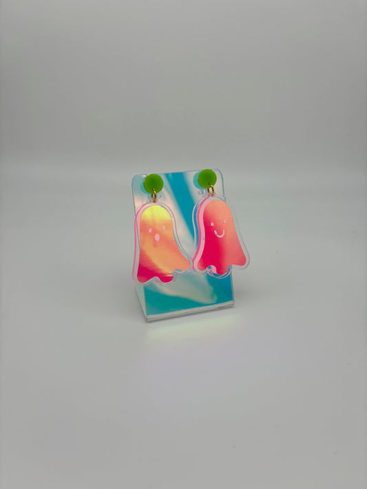 Holographic Ghost Earrings - Fluorescent Peachy Opal & Green Studs