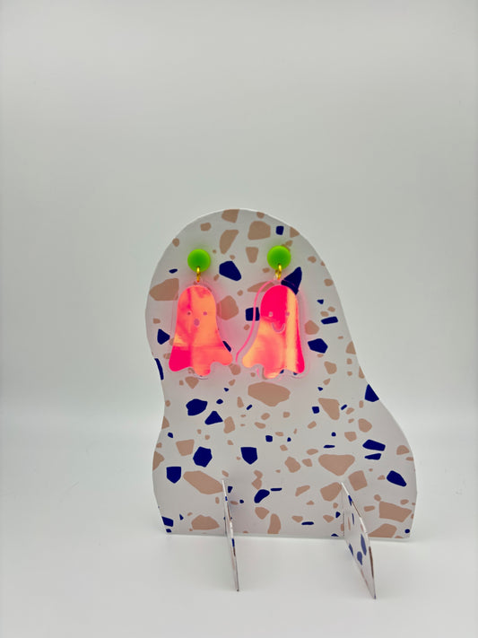 Holographic Ghost Earrings - Fluorescent Peachy Opal & Green Studs