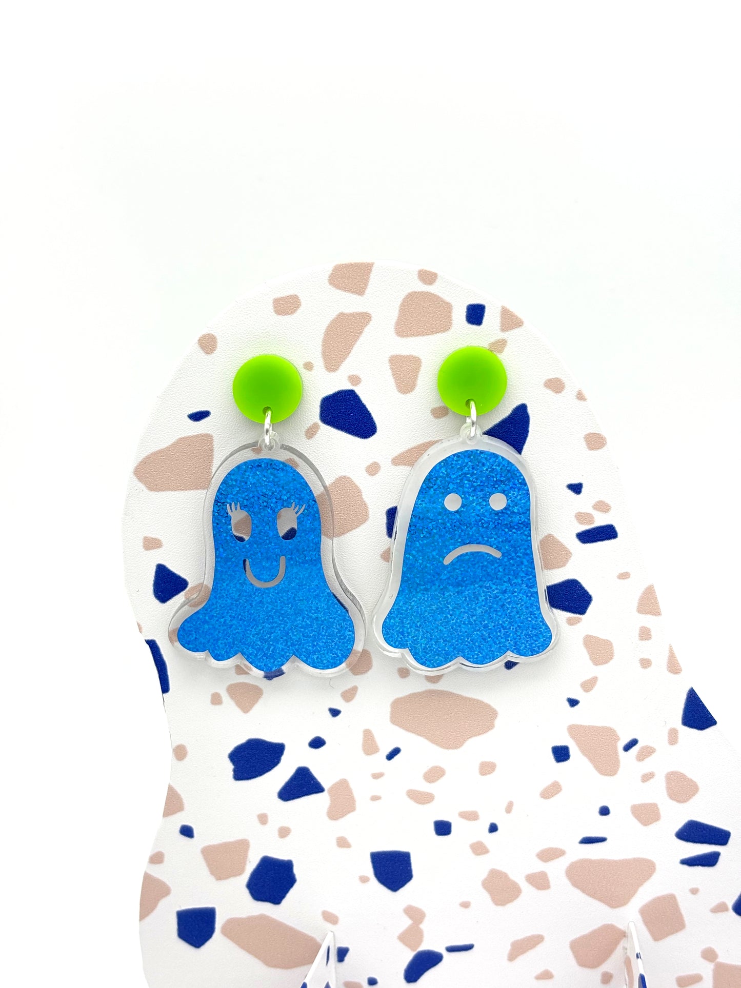 Holographic Ghost Earrings - Sky Blue Shimmer & Lime Green