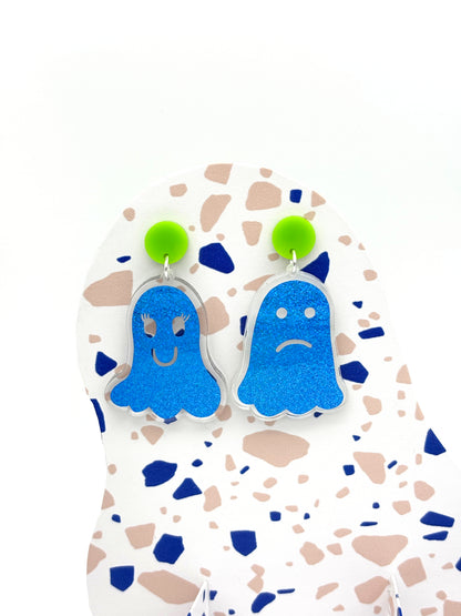 Holographic Ghost Earrings - Sky Blue Shimmer & Lime Green