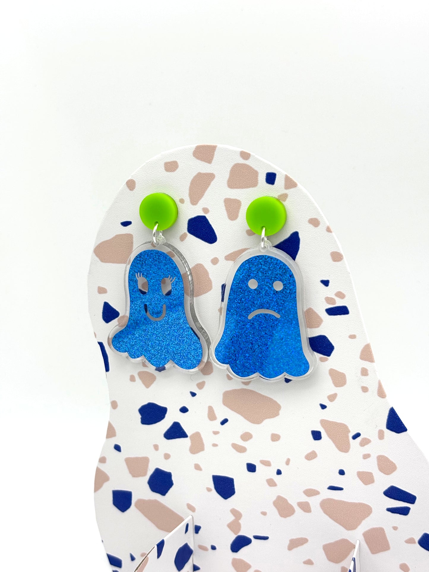 Holographic Ghost Earrings - Sky Blue Shimmer & Lime Green