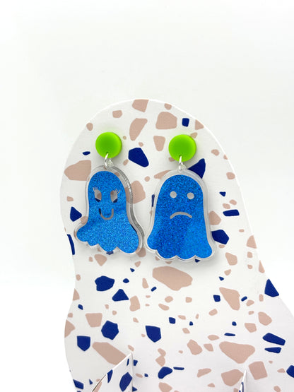 Holographic Ghost Earrings - Sky Blue Shimmer & Lime Green