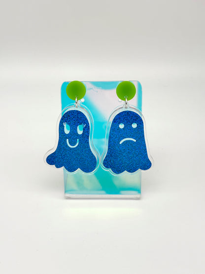 Holographic Ghost Earrings - Sky Blue Shimmer & Lime Green