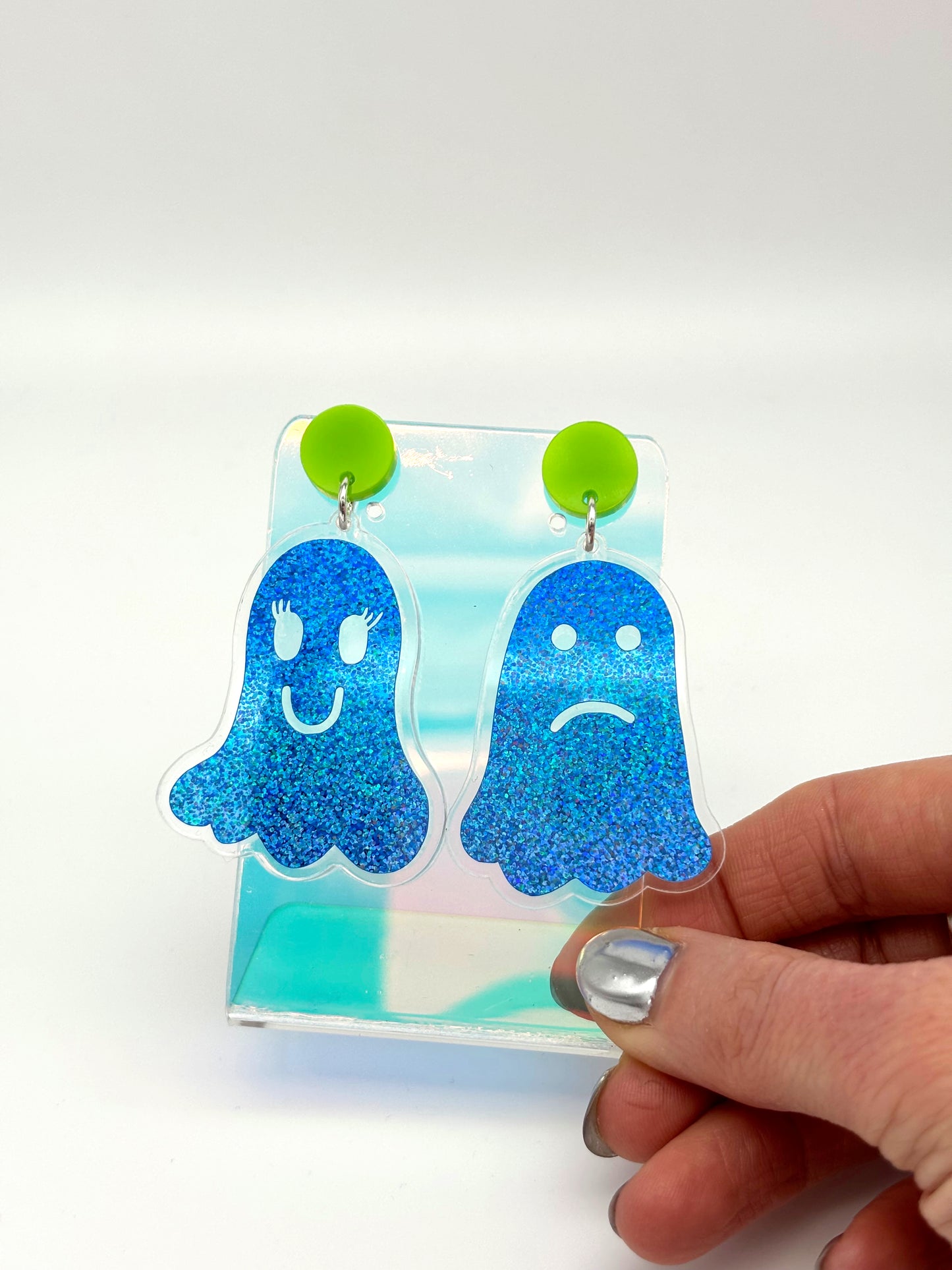 Holographic Ghost Earrings - Sky Blue Shimmer & Lime Green