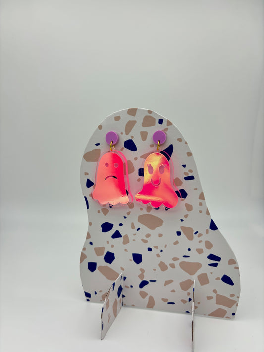 Holographic Ghost Earrings - Fluorescent Peachy Opal & Lilac Studs