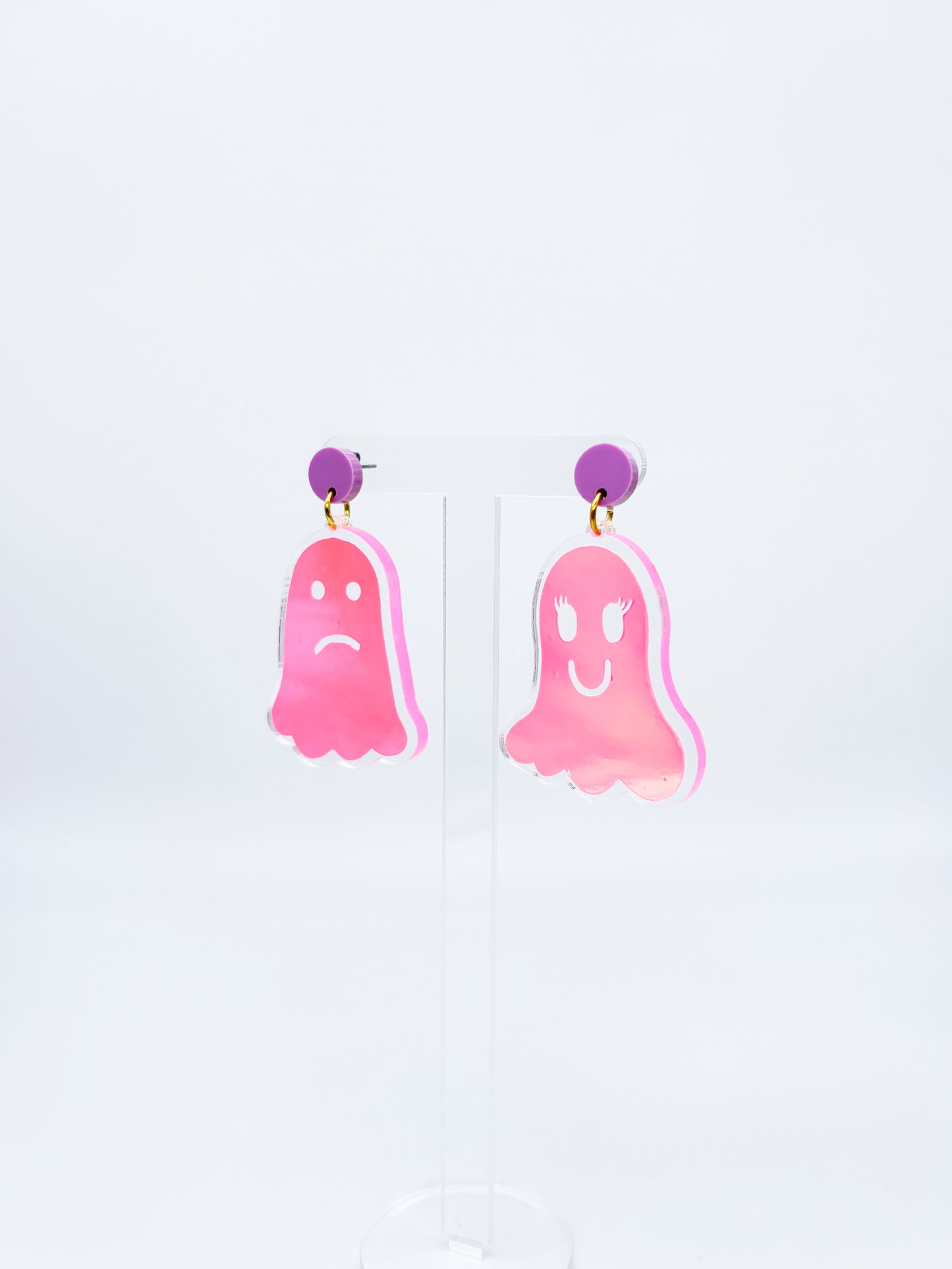 Holographic Ghost Earrings - Fluorescent Peachy Opal & Lilac Studs