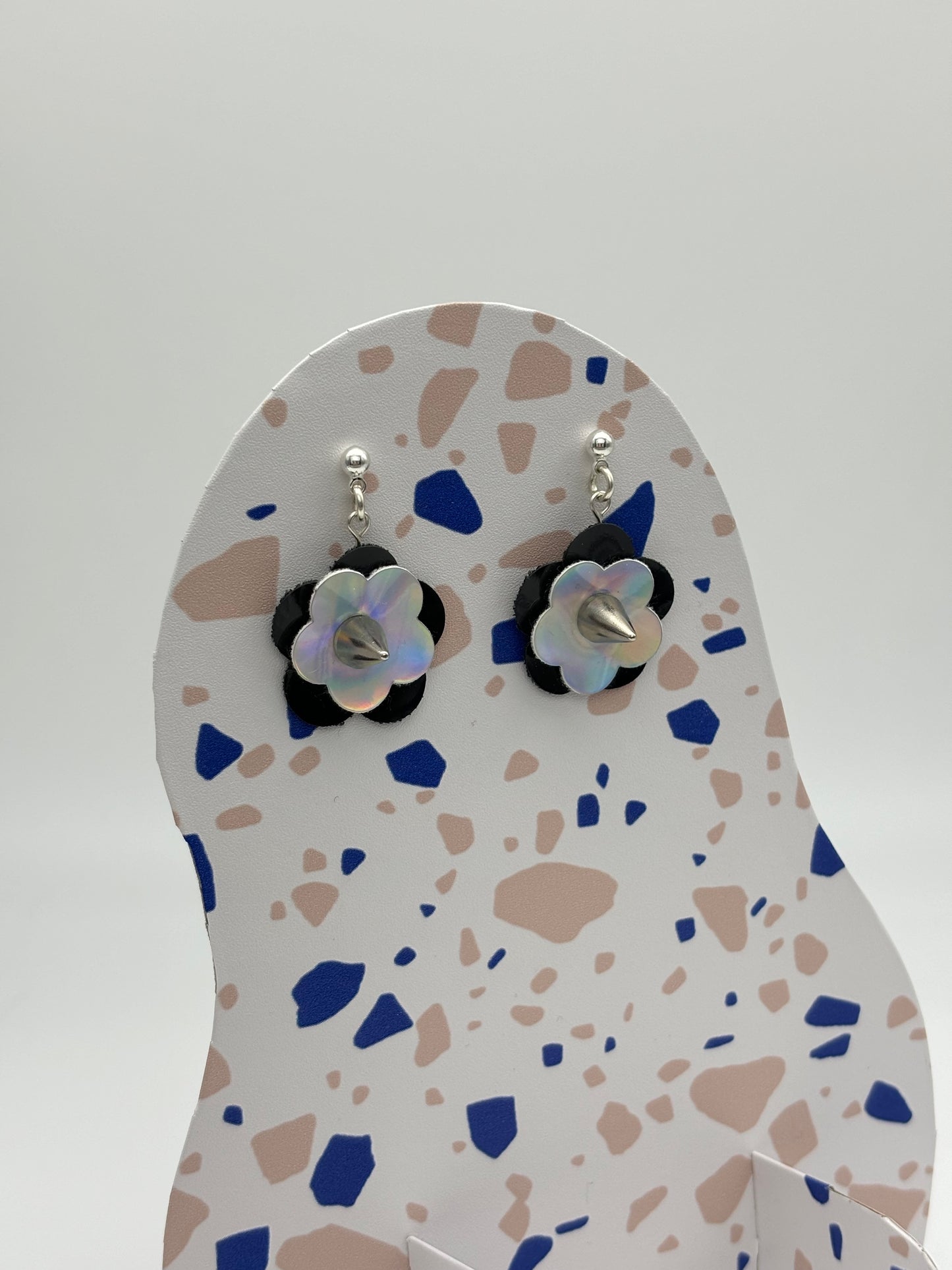 Mini Punk Flower Earrings - Black & Silver Holo, Silver Spikes image 4