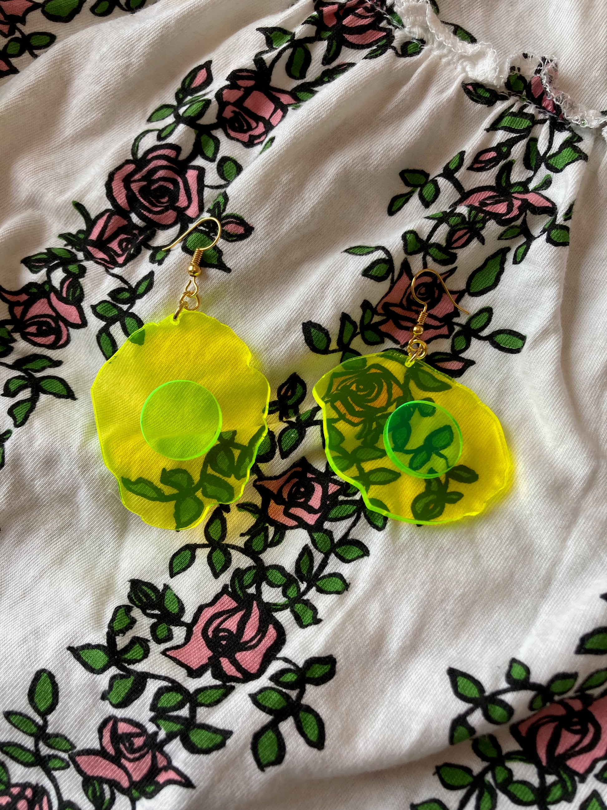 Neon Fluorescent Fried Egg Earrings - Big Yellow Wiggly Eggs image 1