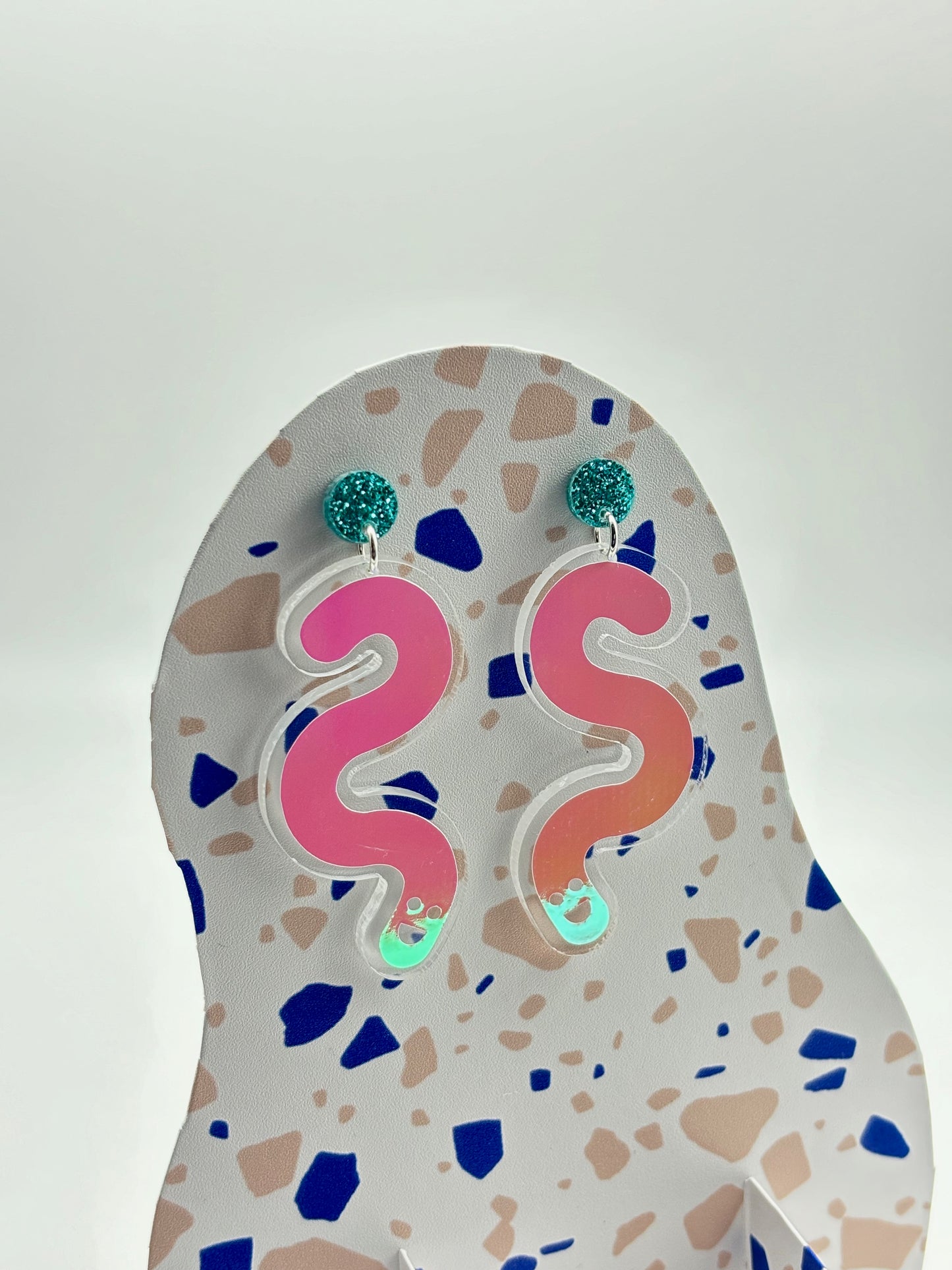 Vinyl Worm Glitter Stud Dangle Earrings - Teal & Candy Aurora image 1