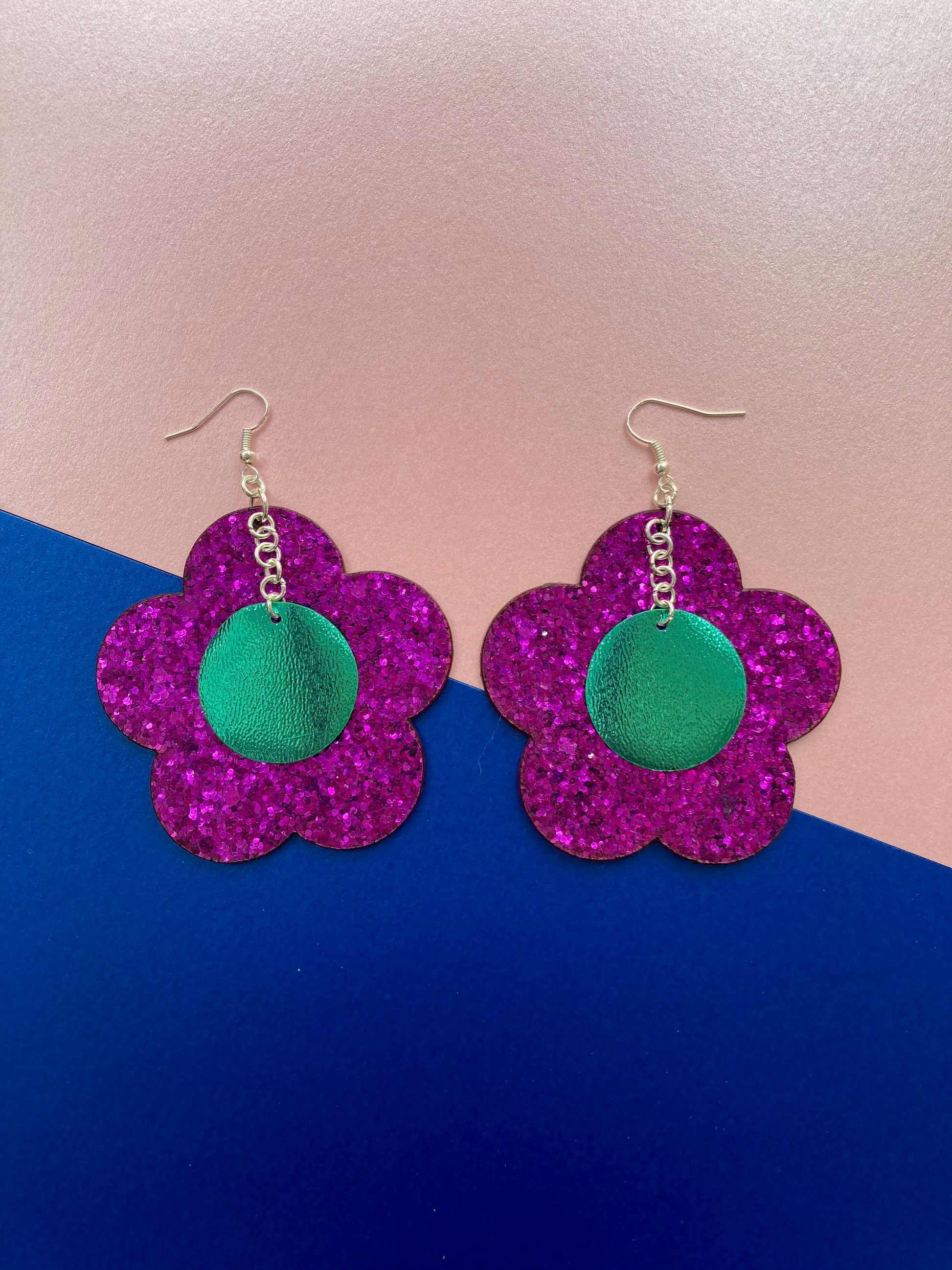 Disco Flower Magenta Large Statement Earrings image 1