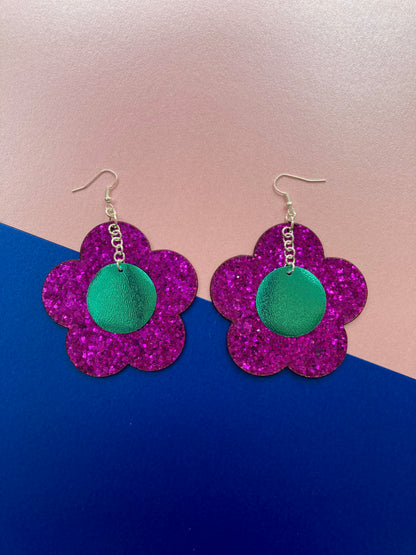 Disco Flower Magenta Large Statement Earrings image 1
