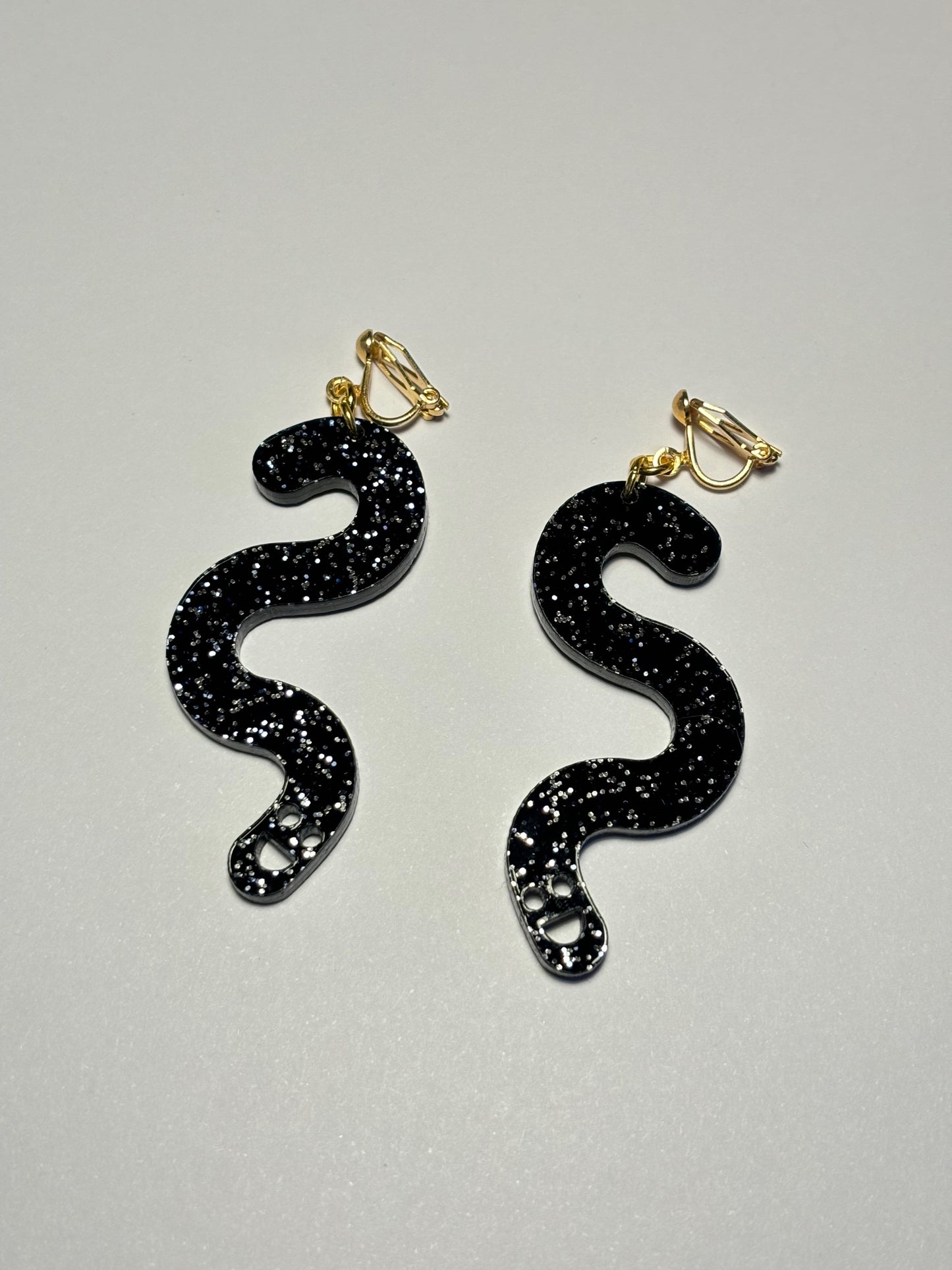 Black Glitter Worm Earrings - Clip Ons image 2