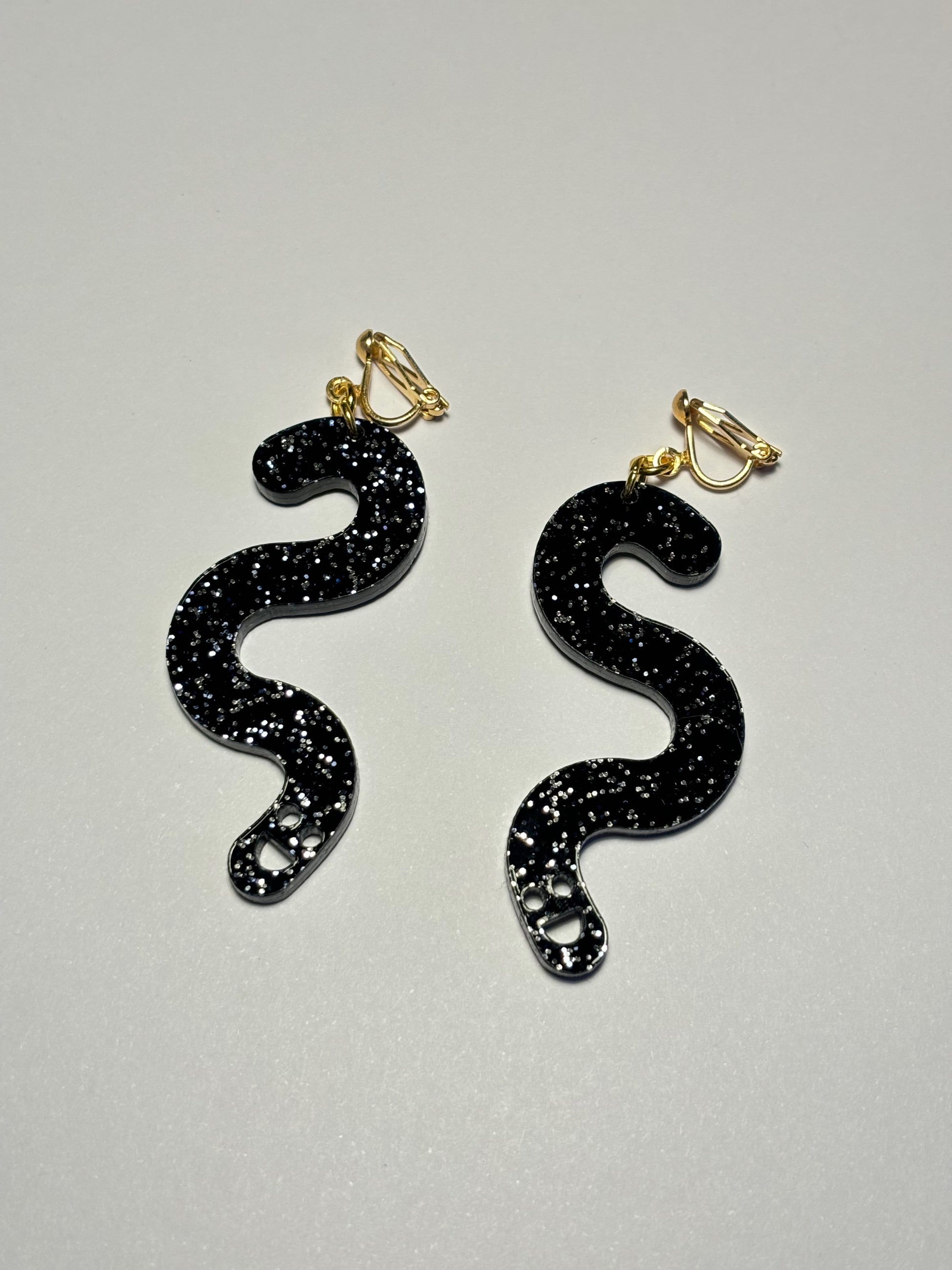 Black Glitter Worm Earrings - Clip Ons image 2