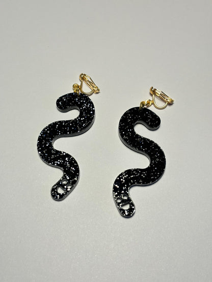 Black Glitter Worm Earrings - Clip Ons image 2