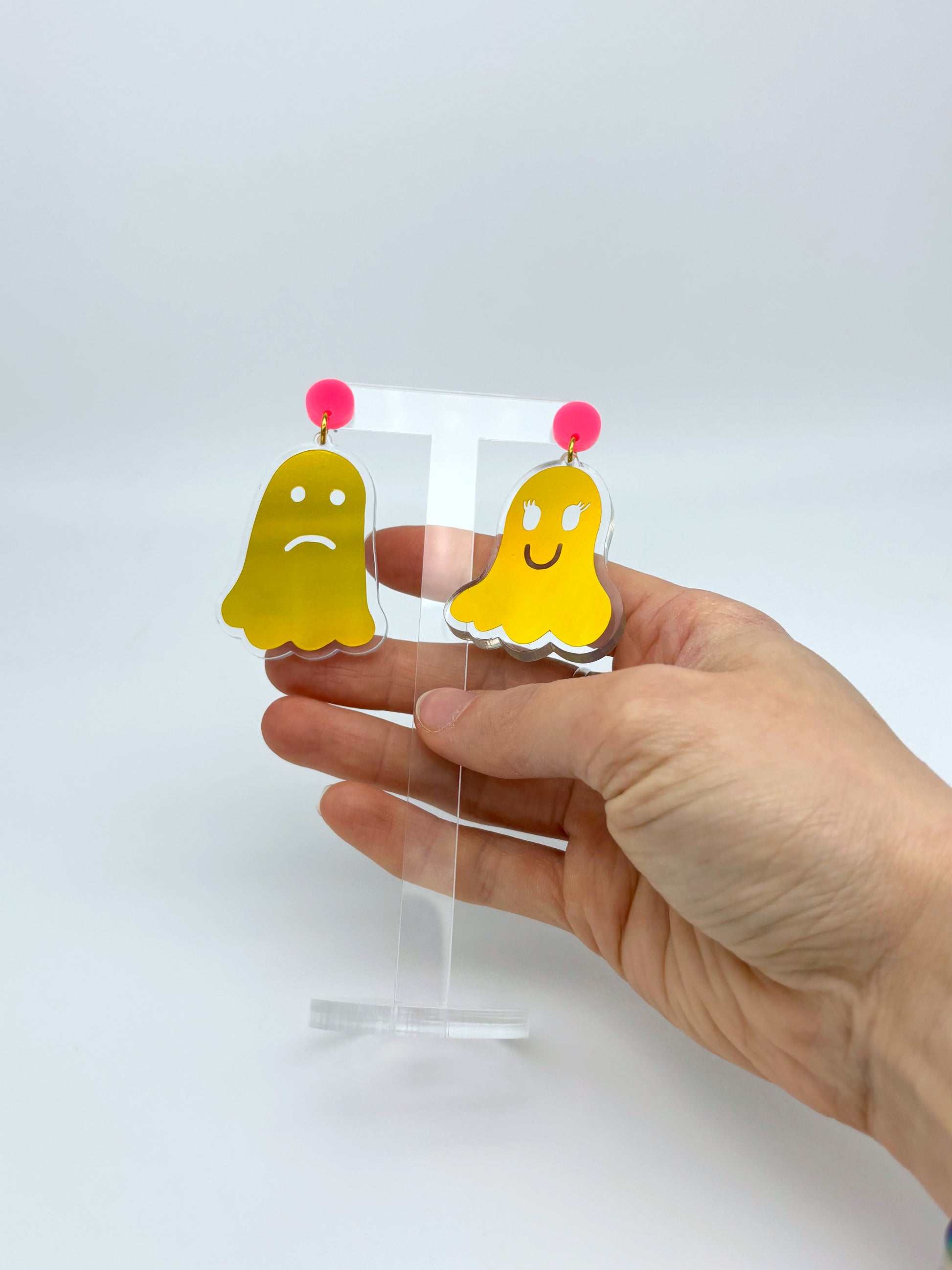 Holographic Ghost Earrings - Yellow Gold & Hot Pink image 0