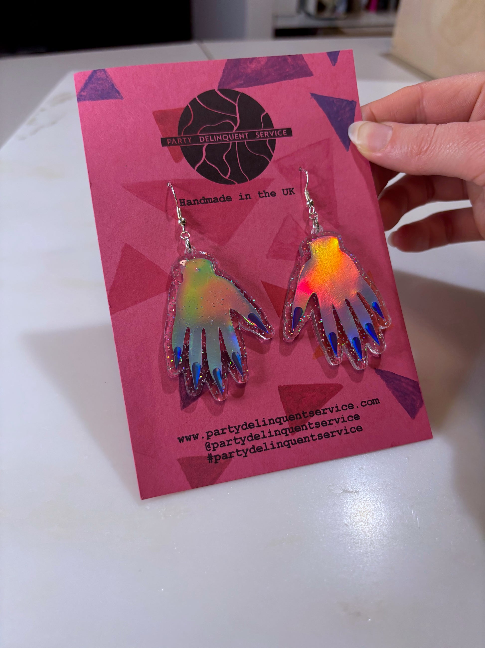 *Seconds* Sparkly Hand Acrylic Earrings - Silver Holo & Clear Holo Glitter image 4