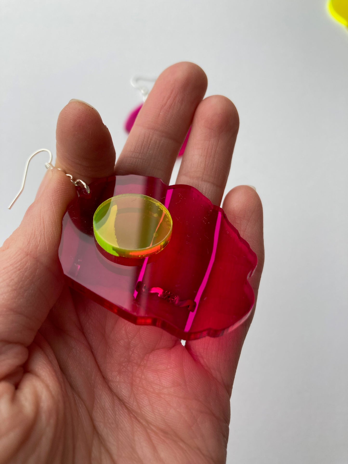 Neon Fluorescent Fried Egg Earrings - Big Pink Wiggly Eggs image 3