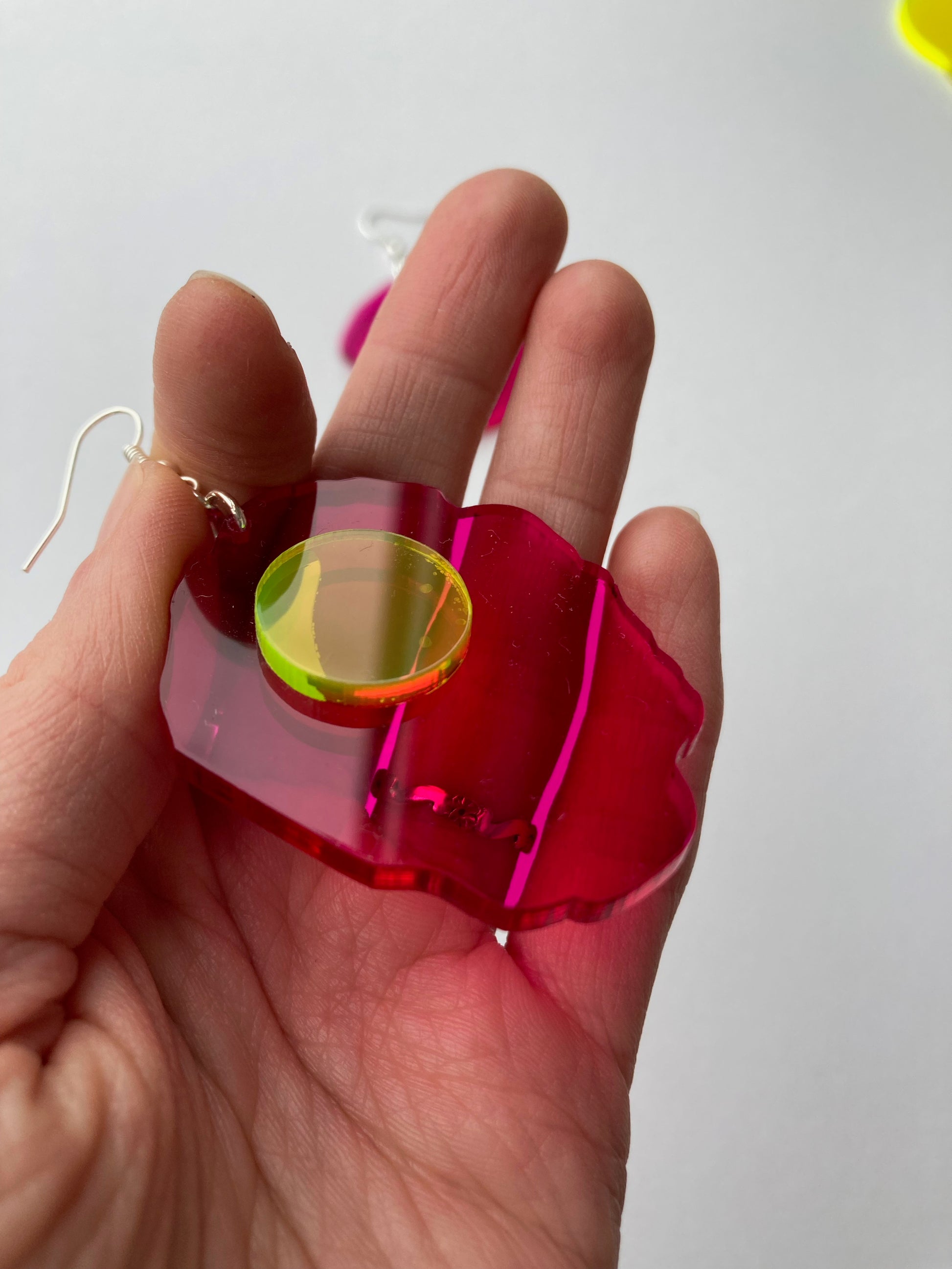 Neon Fluorescent Fried Egg Earrings - Big Pink Wiggly Eggs image 3