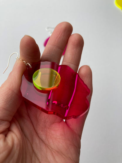 Neon Fluorescent Fried Egg Earrings - Big Pink Wiggly Eggs image 3