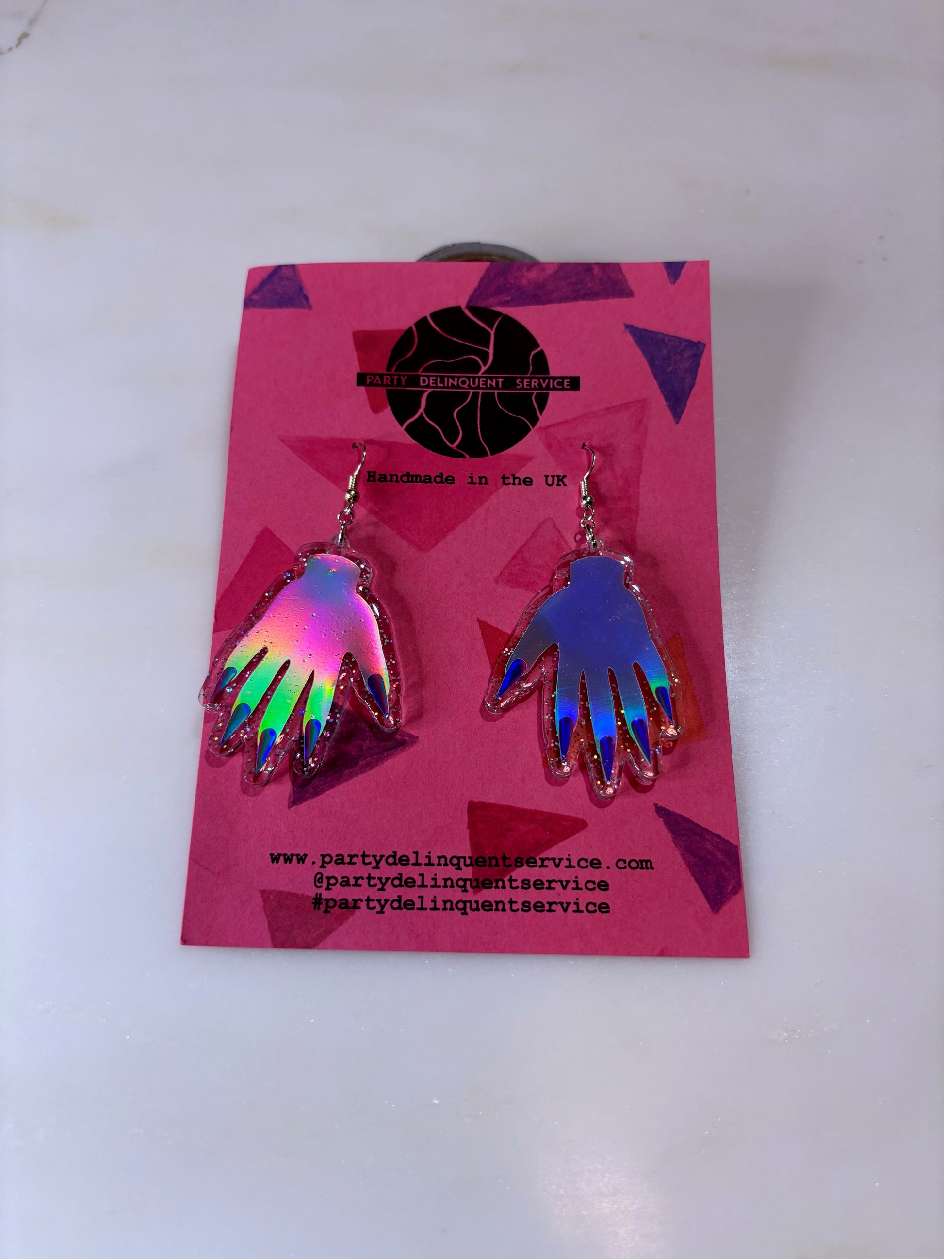 *Seconds* Sparkly Hand Acrylic Earrings - Silver Holo & Clear Holo Glitter image 3