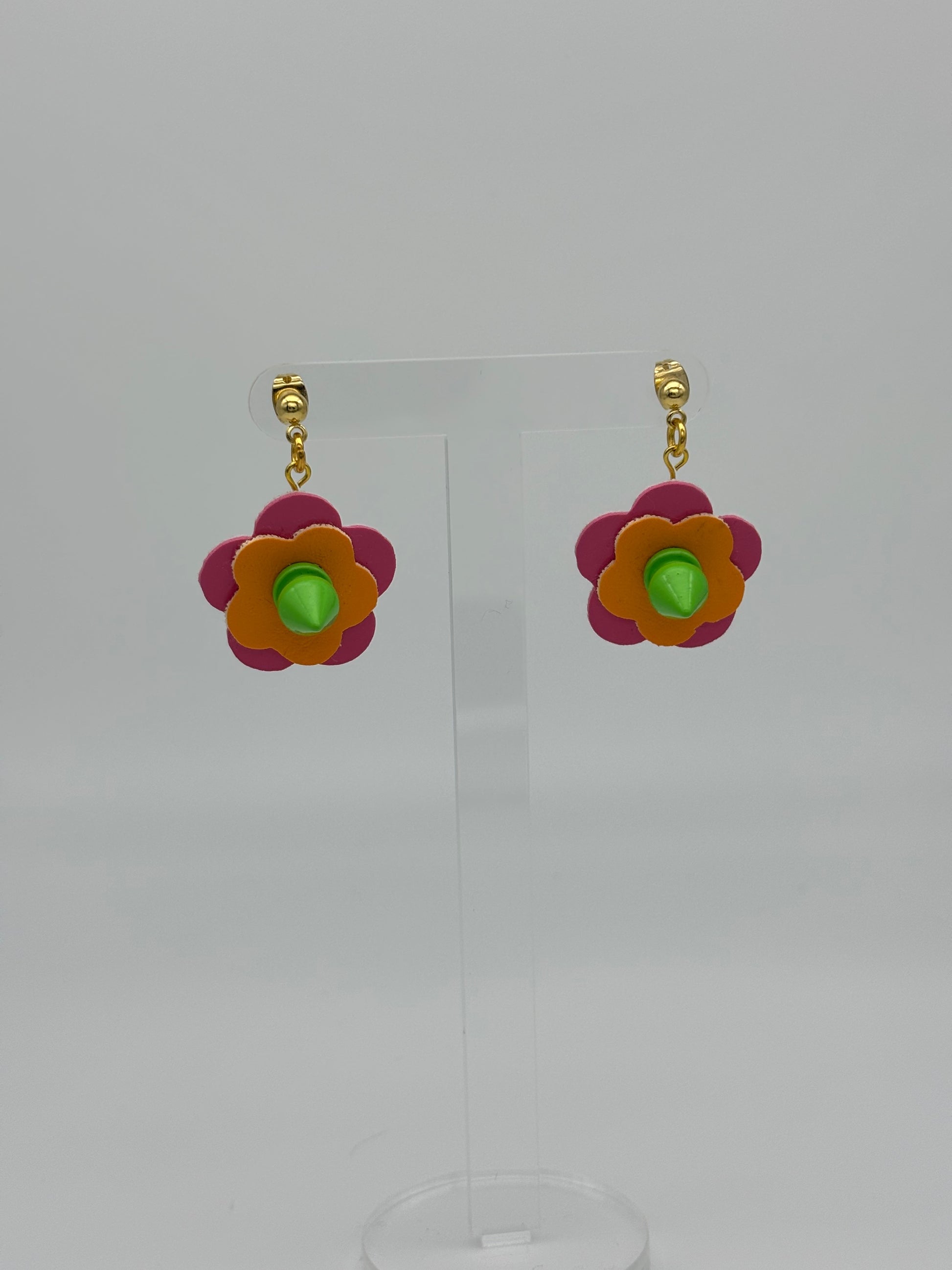 Mini Punk Flower Earrings - Pink & Orange, Green Spikes image 5
