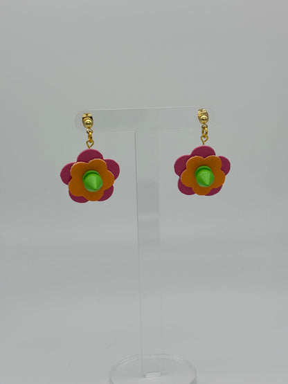 Mini Punk Flower Earrings - Pink & Orange, Green Spikes image 5