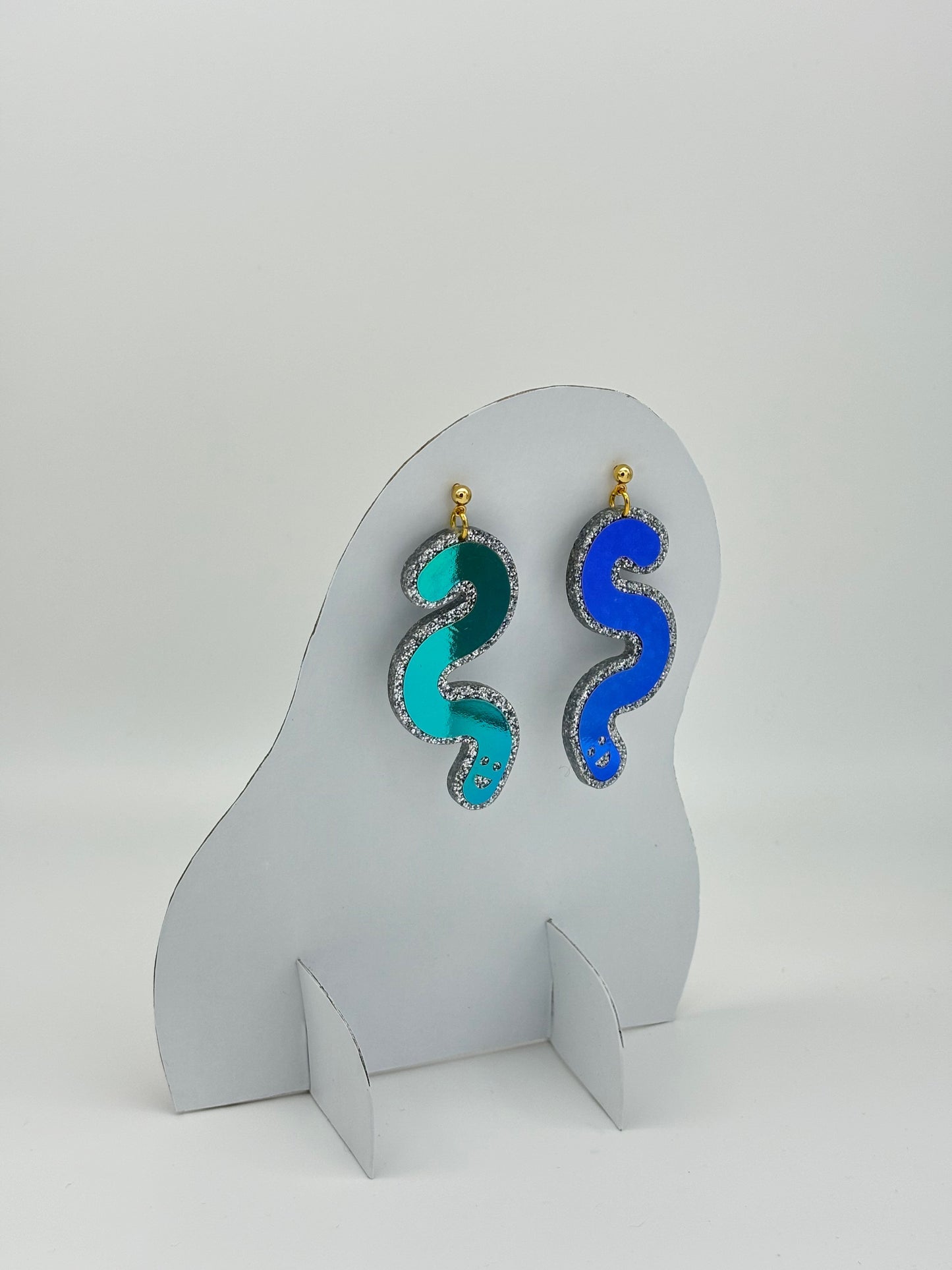 Glitter & Vinyl Worm Ball Stud Dangle Earrings - Jungle Cobalt image 2