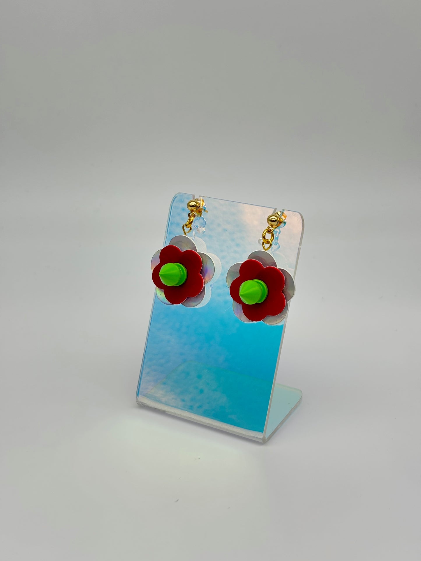 Mini Punk Flower Earrings - Silver Holo & Red, Green Spikes image 1
