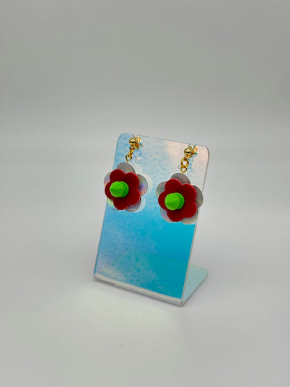 Mini Punk Flower Earrings - Silver Holo & Red, Green Spikes image 1