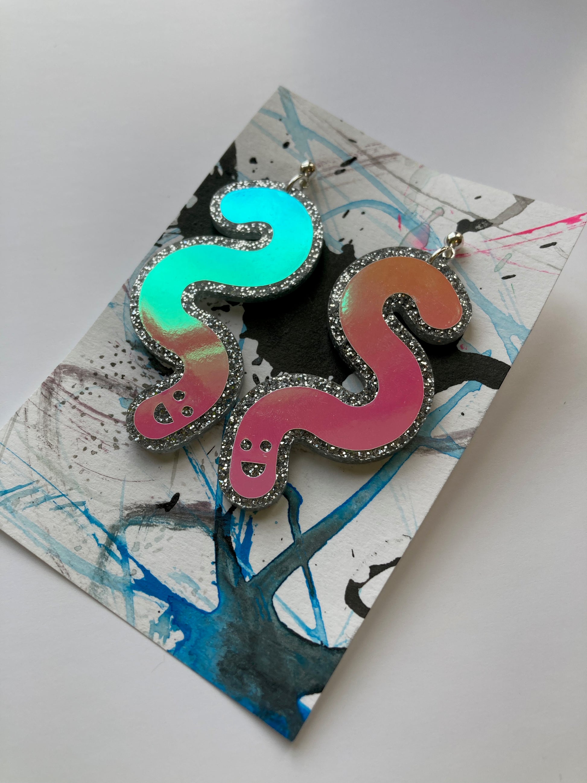 Glitter & Vinyl Worm Ball Stud Dangle Earrings - Candy Aurora image 14