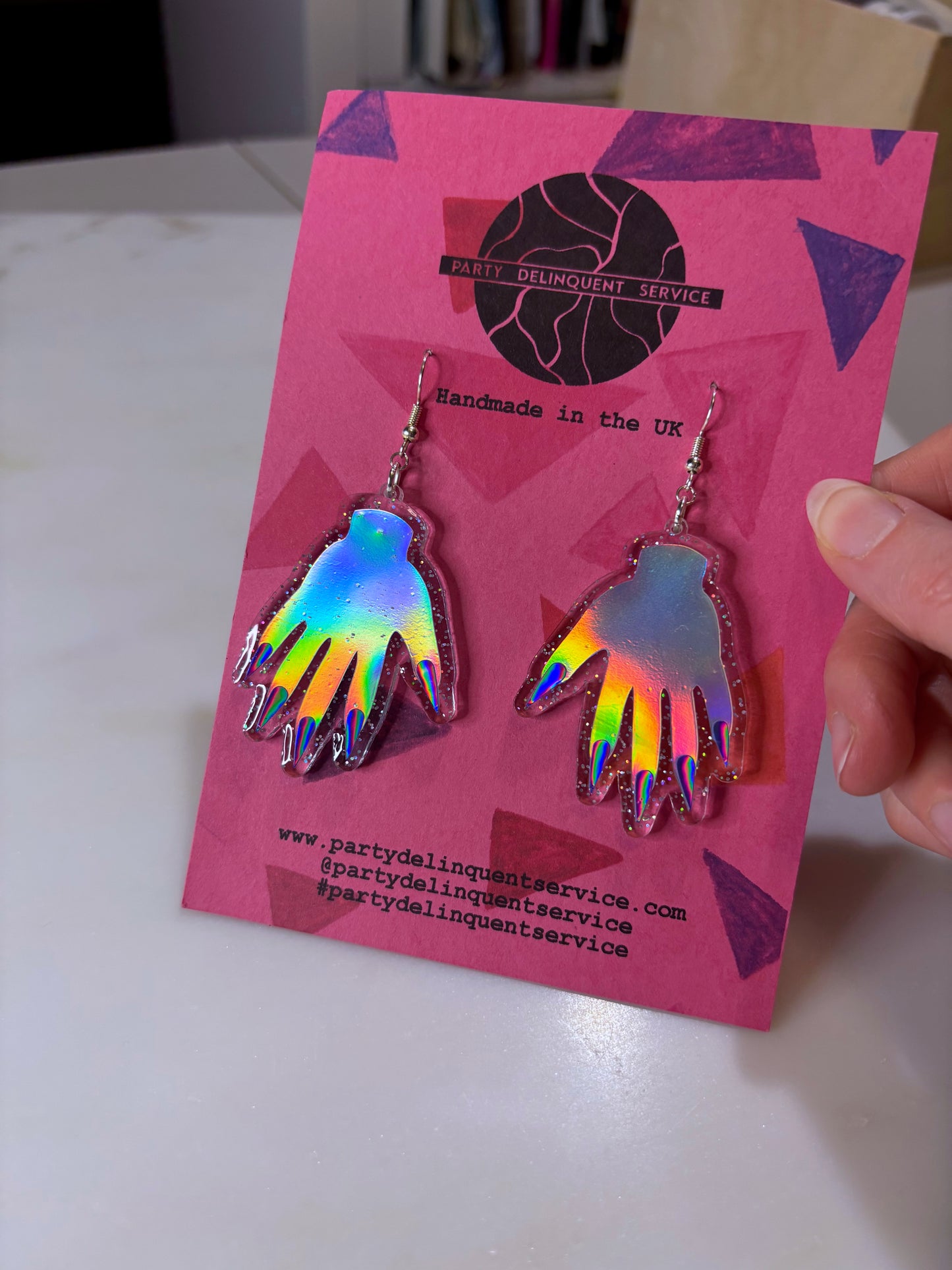 *Seconds* Sparkly Hand Acrylic Earrings - Silver Holo & Clear Holo Glitter image 8