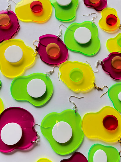 Neon Fluorescent Fried Egg Earrings - Big Yellow Wiggly Eggs image 3