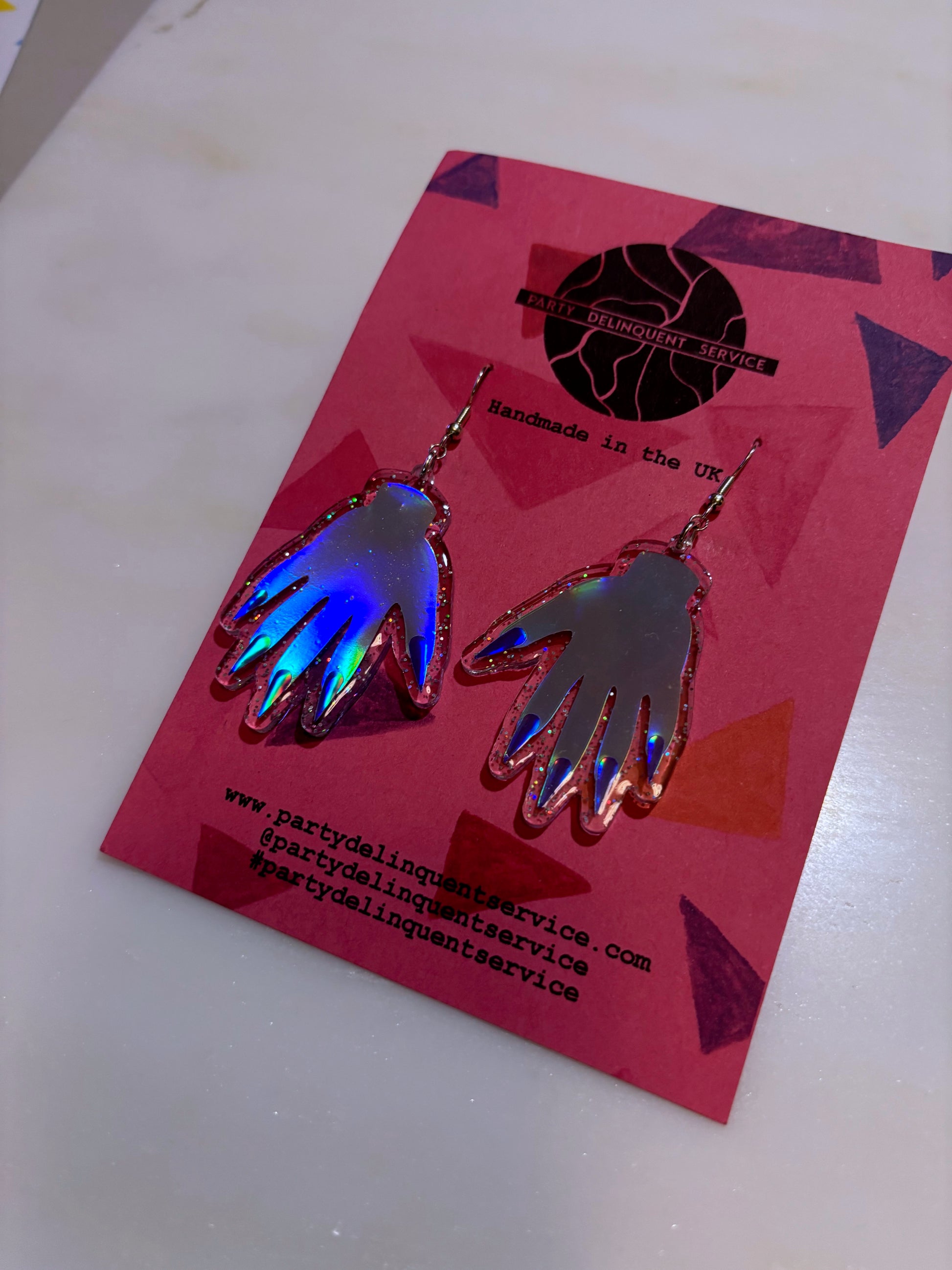 *Seconds* Sparkly Hand Acrylic Earrings - Silver Holo & Clear Holo Glitter image 5