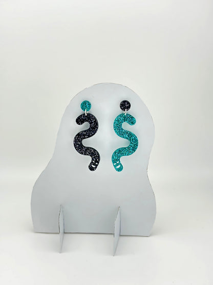 Glitter Worm Contrast Earrings - Teal & Black image 5