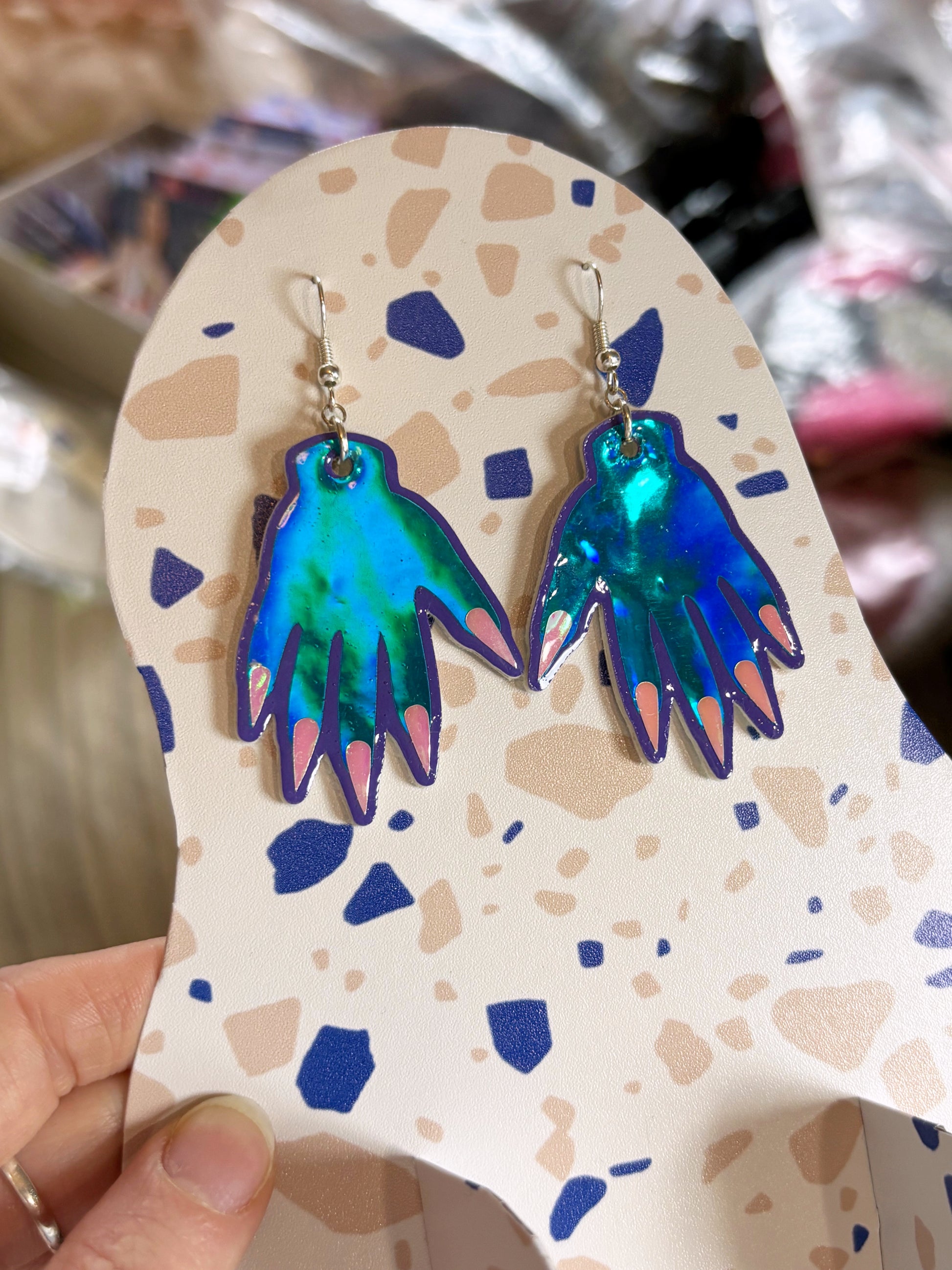 Sparkly Hand Earrings - Ocean Teal Holographic image 3