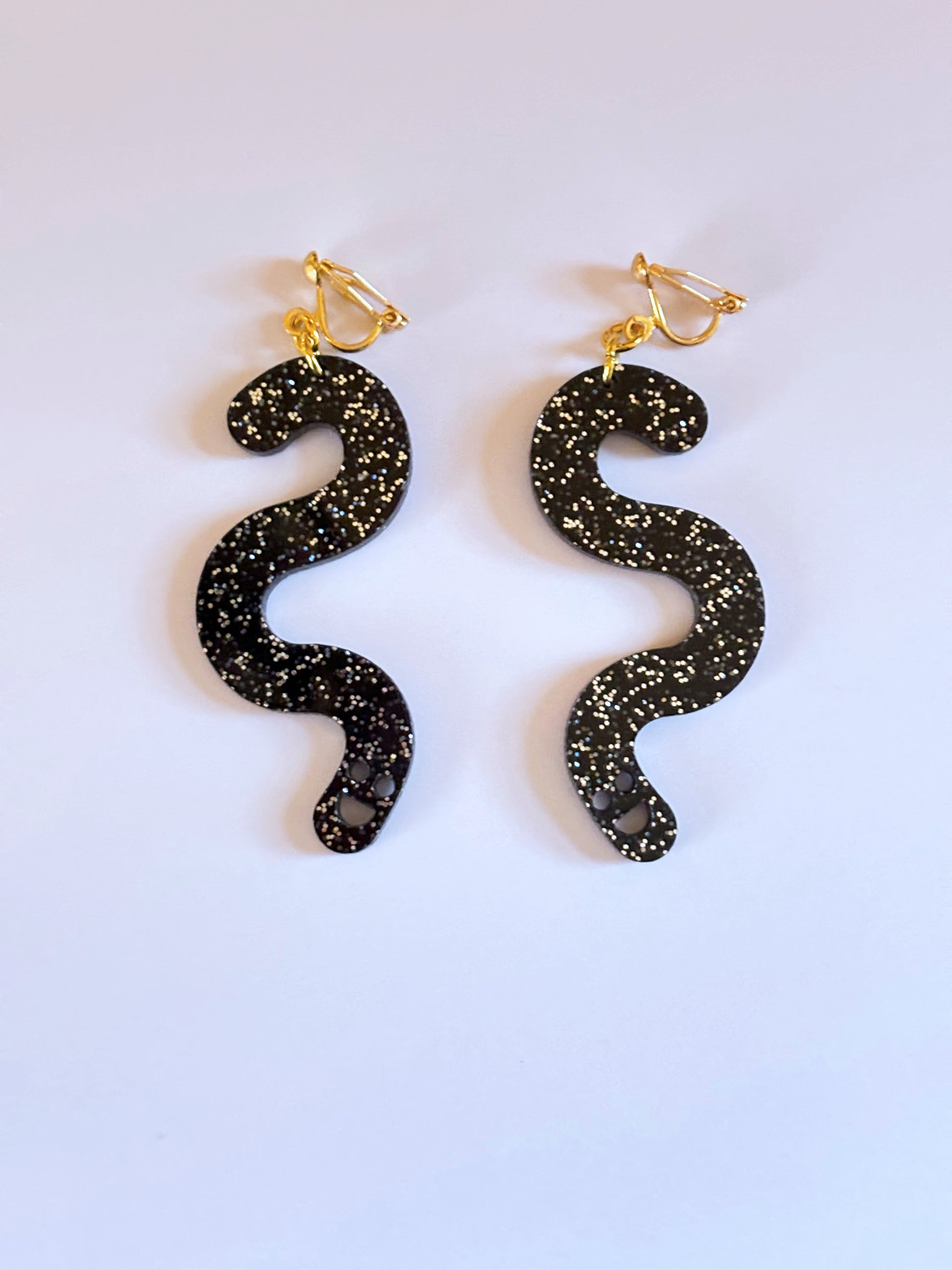 Black Glitter Worm Earrings - Clip Ons image 3