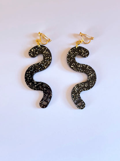 Black Glitter Worm Earrings - Clip Ons image 3