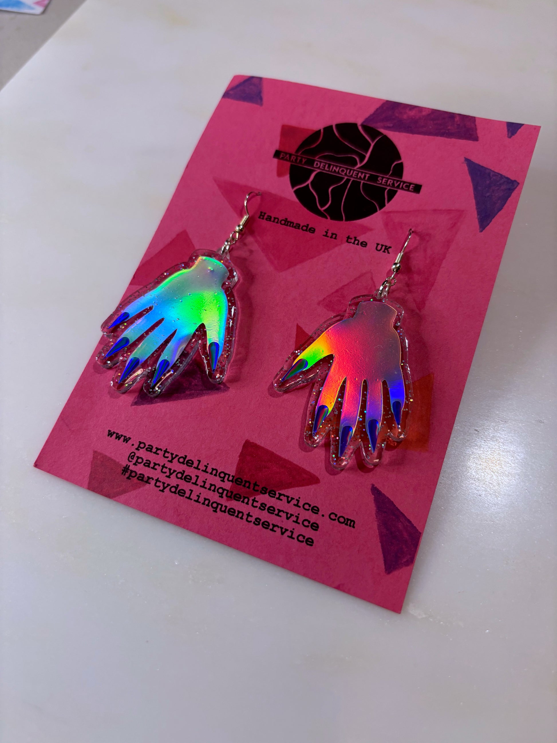 *Seconds* Sparkly Hand Acrylic Earrings - Silver Holo & Clear Holo Glitter image 9