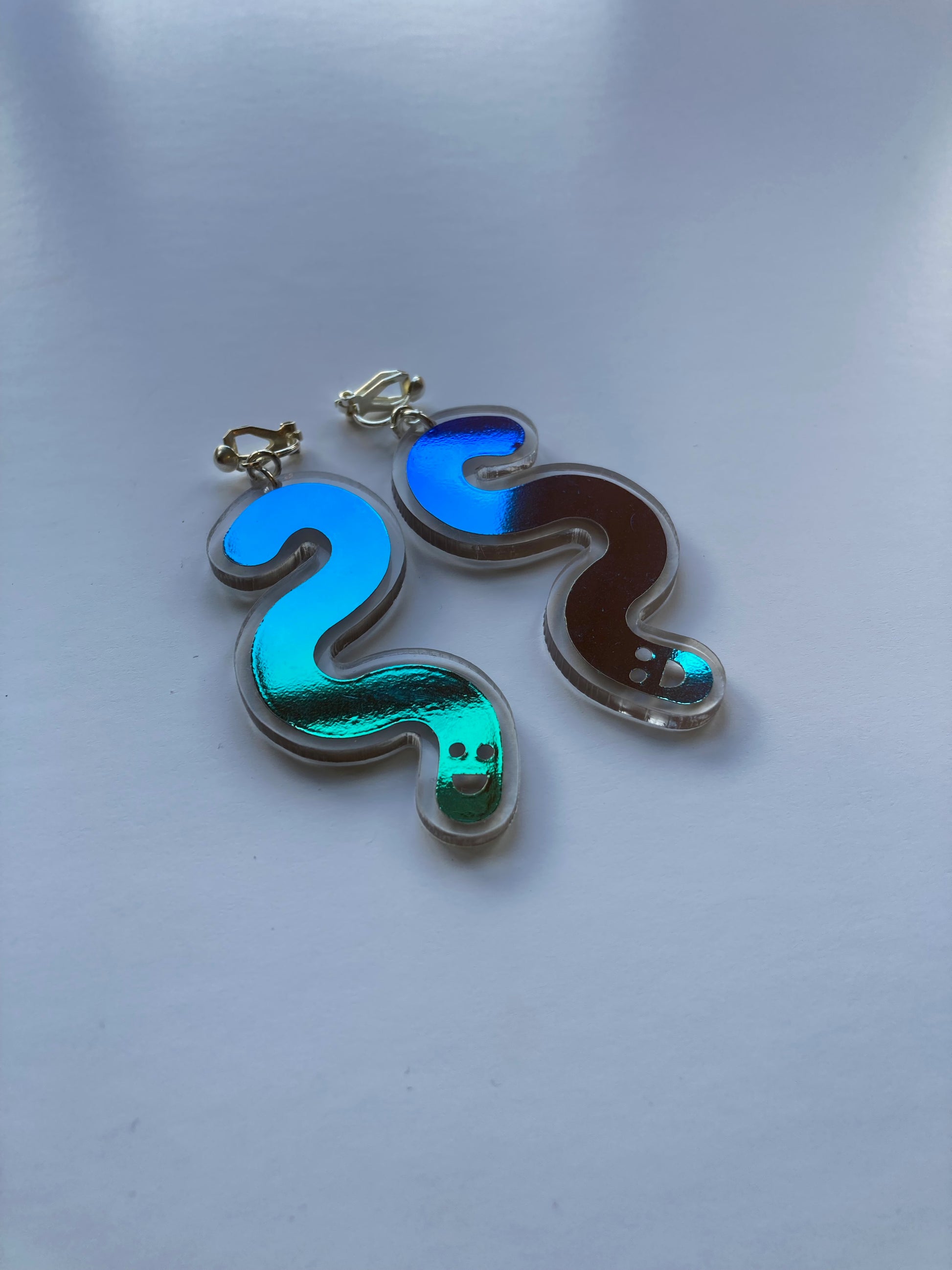 Acrylic & Vinyl Worm Earrings - Clip Ons - Jungle Cobalt image 1