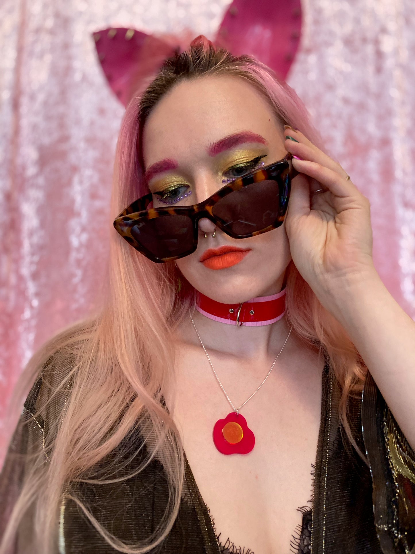 Fringed PVC choker - Baby Pink & Red image 3