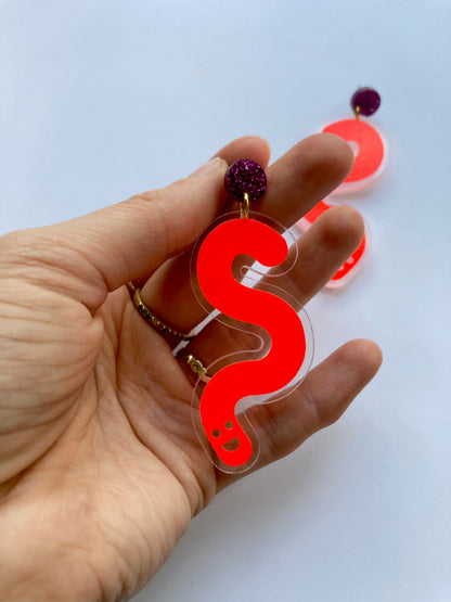 Vinyl Worm Glitter Stud Dangle Earrings - Magenta & Orange image 2