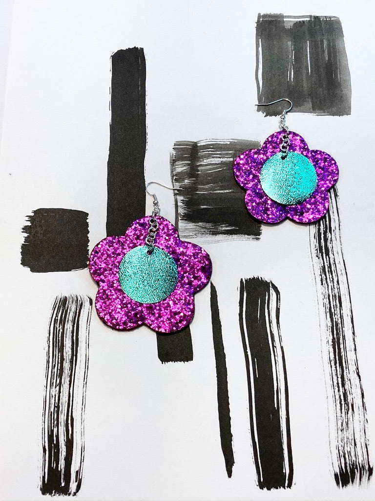 Disco Flower Magenta Large Statement Earrings image 4