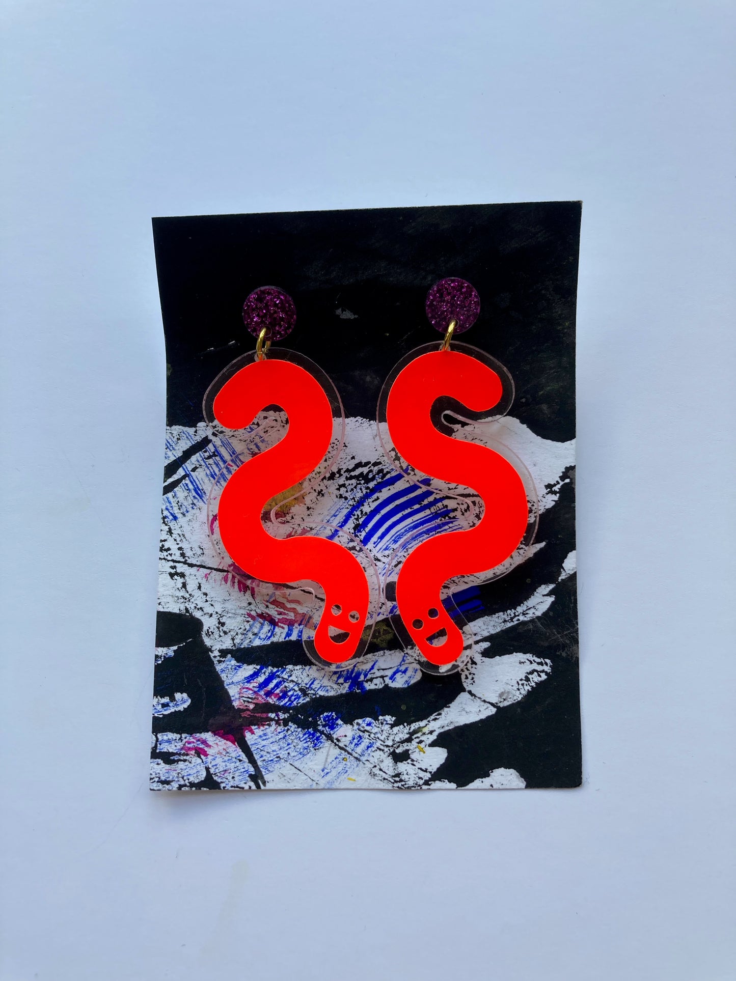 Vinyl Worm Glitter Stud Dangle Earrings - Magenta & Orange image 3