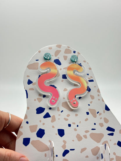 Vinyl Worm Glitter Stud Dangle Earrings - Teal & Candy Aurora image 8