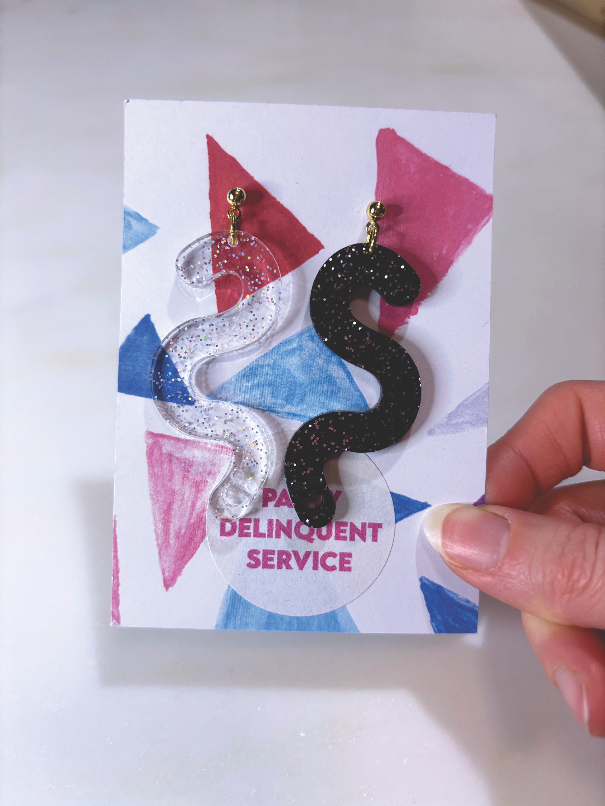 Glitter Worm Contrast Earrings - Black & Clear Holo Glitter image 5